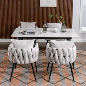 Pure Ivory Modern Velvet Dining Chairs Set of 2 Hand Weaving Accent Chairs Living Room Chairs Upholstered Side Chair with Black Metal Legs for Dining