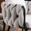 Pure Ivory Modern Velvet Dining Chairs Set of 2 Hand Weaving Accent Chairs Living Room Chairs Upholstered Side Chair with Black Metal Legs for Dining
