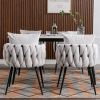 Pure Ivory Modern Velvet Dining Chairs Set of 2 Hand Weaving Accent Chairs Living Room Chairs Upholstered Side Chair with Black Metal Legs for Dining